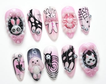 Gothic Kawaii Press On Nails, 3D Bunny Cat Art, Pink Horror Nails, Spider Web Design, Creepy Cute Style, Halloween Yami Kawaii Nail Set