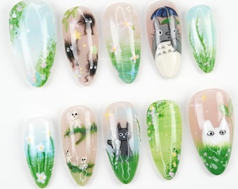 Studio Ghibli Forest Press On Nails, Kawaii Anime Nails, Hand Painted Totoro, Pastel Nature Art, Spirited Woodland T2NUN