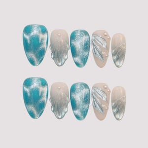 Mermaid Shell Press On Nails, Teal Blue Glitter Ombre Nails with Pearl & 3D Sea Shell Art, Ocean Inspired Summer Nail Set BL164