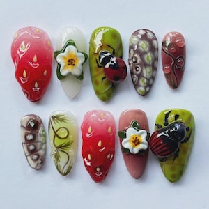 Strawberry Beetle Press On Nails, 3D Garden Bug & Fruit Nail Art Set, Cute Summer Nature-Inspired Nails BL15