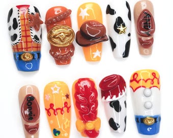 Cowboy Toy-Inspired Press On Nails, 3D Western Costume Nail Art, Woody & Jessie Theme Nail Set BO9Z5