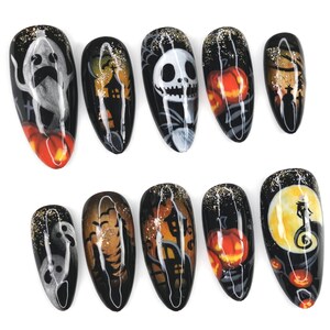 Uñas postizas de pesadilla de Halloween, uñas de fantasmas espeluznantes, uñas de casa embrujada, uñas con temática de terror, uñas de Jack-O-Lantern LQ9Z5
