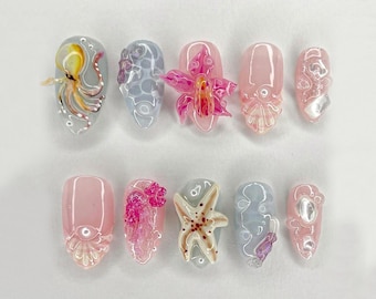 Presse sur les ongles Ocean Bloom, nail art 3D coquillage étoile de mer pieuvre, ongles fantaisie sous-marin bleu rose, embouts en gelée fait main