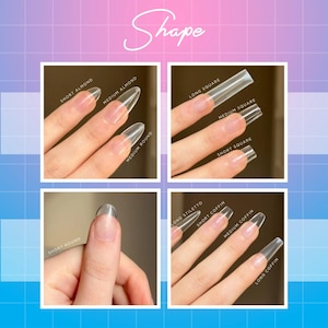 Peut inclure: Image pr&eacute;sentant diff&eacute;rentes formes d'ongles : Short Almond, Medium Almond, Medium Round, Long Square, Medium Square, Short Square, Short Round, Long Stiletto, Short Coffin, Medium Coffin et Long Coffin. Le mot "Shape" est &eacute;crit en cursive.