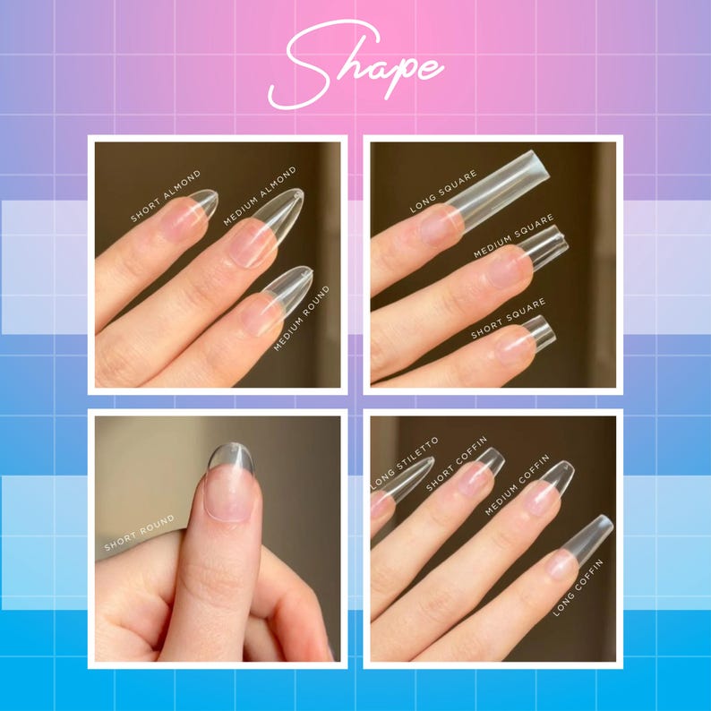 Peut inclure: Image pr&eacute;sentant diff&eacute;rentes formes d'ongles : Short Almond, Medium Almond, Medium Round, Long Square, Medium Square, Short Square, Short Round, Long Stiletto, Short Coffin, Medium Coffin et Long Coffin. Le mot "Shape" est &eacute;crit en cursive.