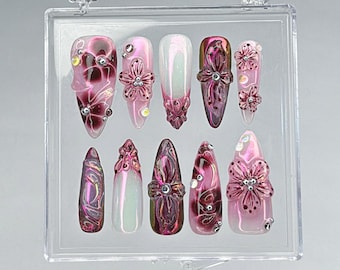 3D Chrome Bloom Press On Nails, Burgundy Pink Sculpted Flower Nails, Holographic Shine Elegant Nail Art Set