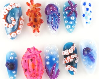 Underwater 3D Ocean Press On Nails, sea creature nails, aquatic nail art, mermaid press on nails, octopus nail design DHQUN