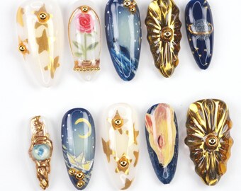 Himmlische Rose Gold Presse auf den Nägeln, Galaxy Nail Art, Mond und Sterne Design, 3D Fantasy Nägel, handgemaltes Dekor V9PUN