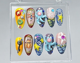 Op Rilakkuma geïnspireerde Press On Nails, 3D Alien Cat Galaxy Nail Art, Funky Stars and Planets Nails, Cosmic Sci-Fi Nail Design