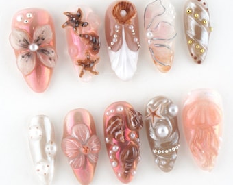 Seashell Pearl Coral Press On Nails, 3D ocean nails, under the sea nails, floral shell art, beach themed nails PEQUN