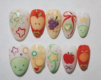 Presse de fruits kawaii, décorations d'ongles pomme kiwi orange, ongles mignons motif étoiles, ongles colorés faits main, ongle dessin animé amusant BL145