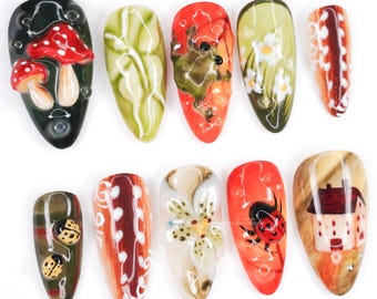 Whimsical Forest Press On Nails, Cottagecore Nails, Frog Nail Art, Ladybug Press Ons, Mushroom Nail Design, Nature Aesthetic JVNUN
