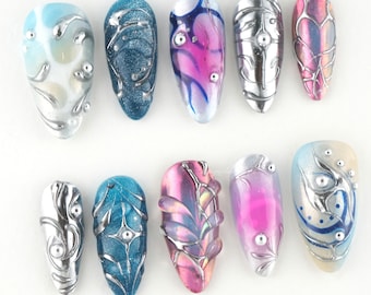 Chrome Abstract Mixed Press On Nails, futuristic nail art, 3D chrome nails, colorful press ons, metallic design nails VGQUN