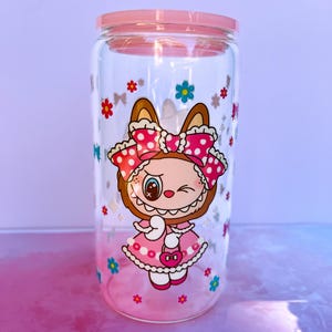 Clear Glass Labubu Tumbler with Pink Lid + Labubu Keyring