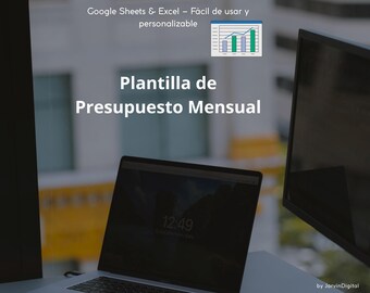 May include: A laptop computer with a blank screen showing the time 12:49. The laptop is on a table in front of a window. The text "Plantilla de Presupuesto Mensual" is visible above the laptop. The text "Google Sheets & Excel - Fácil de usar y personalizable" is visible above the text "Plantilla de Presupuesto Mensual". A graph icon is visible above the text "Google Sheets & Excel - Fácil de usar y personalizable". The text "by JarvinDigital" is visible in the bottom right corner of the image.