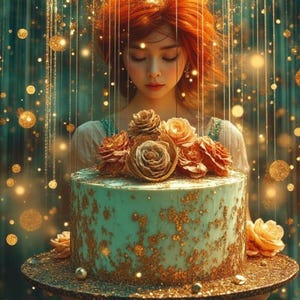 Könnte beinhalten: Eine türkisfarbene Torte mit goldenem Glitzer und Rosendekorationen wird von einer Person gehalten. Der Kuchen steht auf einem goldenen Tablett. Die Person trägt ein türkisfarbenes Kleid. Der Hintergrund ist ein türkisfarbener und goldener Bokeh.