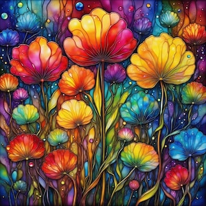 Könnte beinhalten: Ein lebendiges, farbenfrohes Blumenkunstwerk mit stilisierten Blumen in verschiedenen Formen und Größen. Die Blumen zeigen ein Farbspektrum, darunter Rot, Orange, Gelb, Blau und Lila. Das Kunstwerk hat einen Buntglaseffekt, wobei dunkle Linien die Farben trennen.