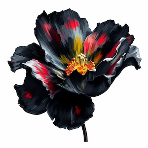 Könnte beinhalten: Eine digital gemalte schwarze Blume mit roten, gelben und weißen Akzenten. Die Blütenblätter der Blume sind dunkel, mit Farbspritzern. Das Zentrum der Blume ist gelb und orange, mit sichtbaren Staubblättern. Der Stiel ist dunkelbraun.