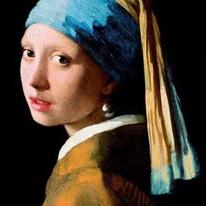 May include: A painting of a young woman with a pearl earring, wearing a blue and yellow turban and a mustard-coloured jacket against a black background. A classic example of Dutch Golden Age art.