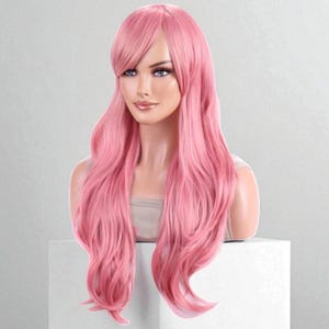 Women Pink Wig, Synthetic Wig, Long Wavy Wigs,Synthetic Wig Bangs Pink | Wig for Women