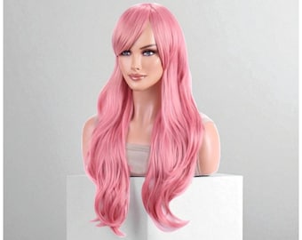 Long Wavy Pink Wig with Bangs: Heat-Resistant Synthetic Hair