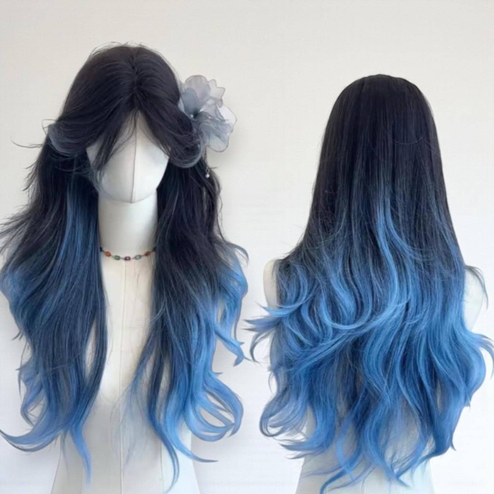 Blue Ombre Gray Wig, Black Wig With Blue Wavy Women  display picture 1