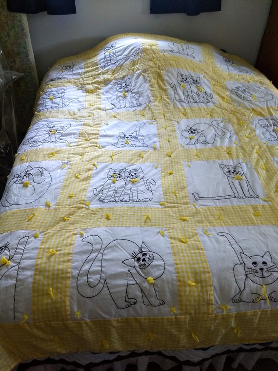 88 X 76 Yellow Gingham With Cats Embroidered Etsy