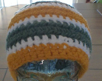 Gold, White and Green Crochet Beanie - Great For Green Bay Packers NFL Fans