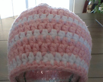 Crochet Ponytail Beanie - Pink and White Stripe