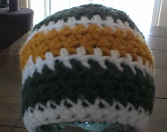 White, Green and Gold Crochet Beanie - Great For Green Bay Packers NFL Fans