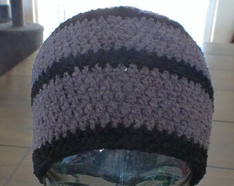 Crochet Ponytail Beanie - Gray and Black Stripe