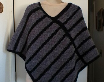 Gray and Black Stripe Crochet Poncho  - Great for Las Vegas Raiders NFL Football Fans, 28"x33"