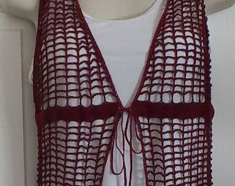 Crochet Long Vest With Ties, Cover Up, Tunic - Burgundy Red