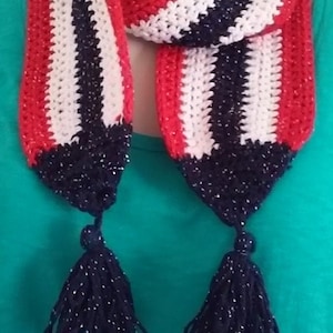Striped Crochet Scarf, Navy Blue, Red, and White