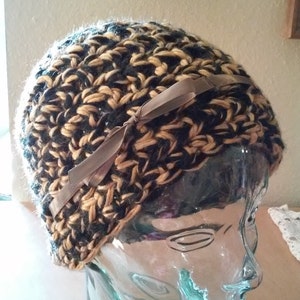 Black and Gold Crochet Beanie With Gold Ribbon - Great For Pittsburgh Steelers Fans