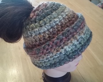 Crochet Big Slouchy Ponytail Beanie - Olive Green, Orange, Yellow, and Brown