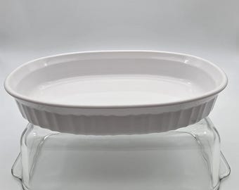 Vintage CorningWare French White Oval Casserole Dish 700mL F-23-B | Ribbed Fluted Stoneware Personal Baker 23 oz