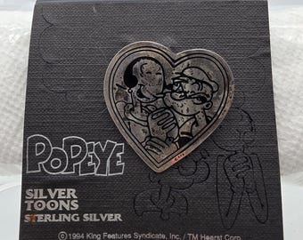 Vintage 1994 Popeye & Olive Oyl Silver Toons Heart Pin on Original Card | KFS Mexico 925 Sterling Silver Brooch | Black Enamel Comic Art