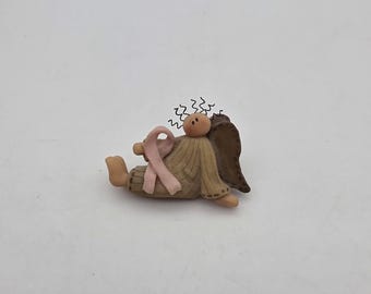 Vintage 2005 Honey & Me Primitive Angel Pin, Breast Cancer Awareness Pink Ribbon Brooch, Lisa Liffick Folk Art Collectible