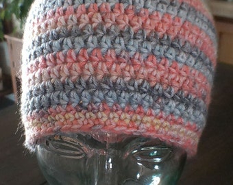 Crochet Beanie - Orange, Yellow, Cream and Gray