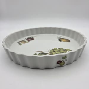 Vintage BIA Cordon Bleu 10" Quiche Tart Pan, Fruit Motif Orchard Pattern White Porcelain Baking Dish, Cottagecore Kitchenware