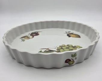 Vintage BIA Cordon Bleu 10" Quiche Tart Pan, Fruit Motif Orchard Pattern White Porcelain Baking Dish, Cottagecore Kitchenware