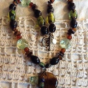 Green, Blue and Brown Necklace with Tiger Eye Pendant