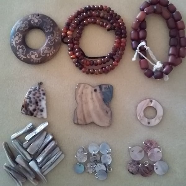 DESTASH - Beads - Shell, Wood - Brown, Gold, Pink, Taupe - Pendants, Sticks, Barrels (#1201)