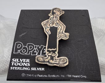 Vintage 1994 Olive Oyl Silver Toons Pin | Sterling Silver 925 Mexico Brooch | Official King Features Syndicate Hearst Corp Cartoon Jewelry