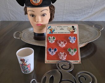 Vintage Disney Items - Hat, Trivet, Cup, Ceramic Bell and Brooches