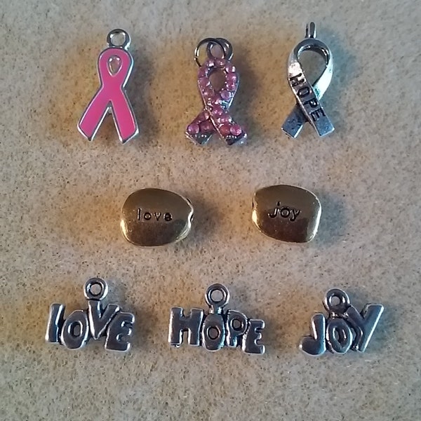 DESTASH -  Breast Cancer Pink Ribbon, Love, Hope and Joy Pendant Charms