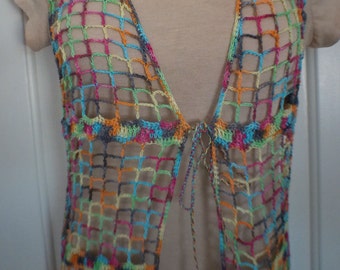 Crochet Long Vest With Ties, Cover Up, Tunic - Multi-Color