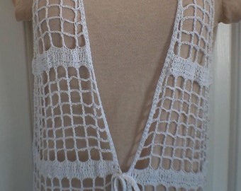 Crochet Long Vest With Ties, Cover Up, Tunic - White