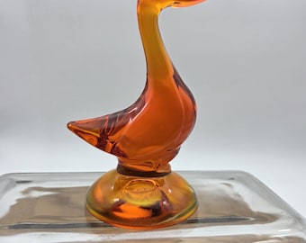 MCM Viking Art Glass 5 Inch Duck Figurine, Persimmon Orange Amberina Glass Duck, Epic Line 1316/1317